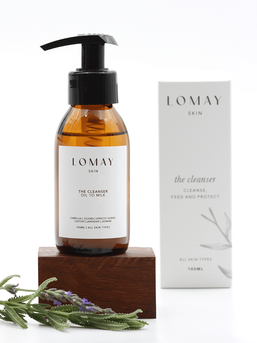 The Cleanser natural oil cleanser being massaged onto skin — gentle non-comedogenic botanical cleanser — Lomay Skin South Africa
